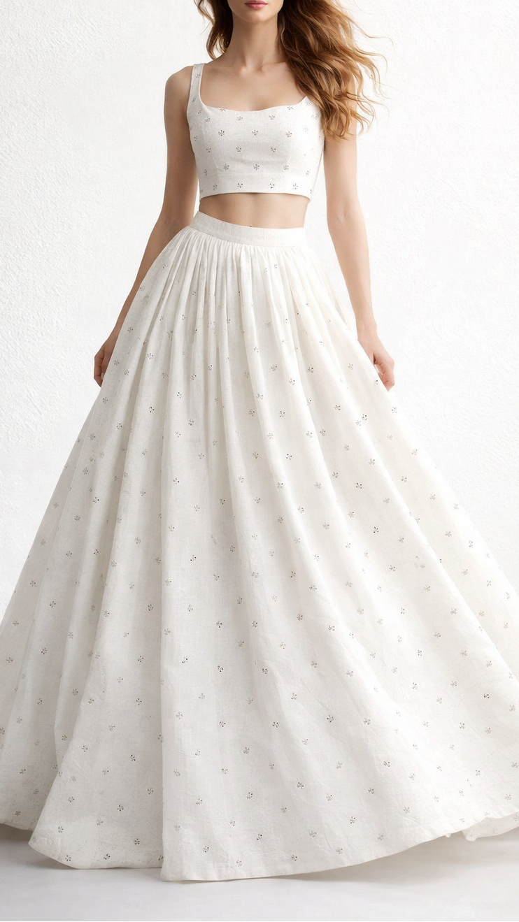 The Noor - White Dyeable Cotton Fabric With All Over Faux Mirror And Thread Work | 21516