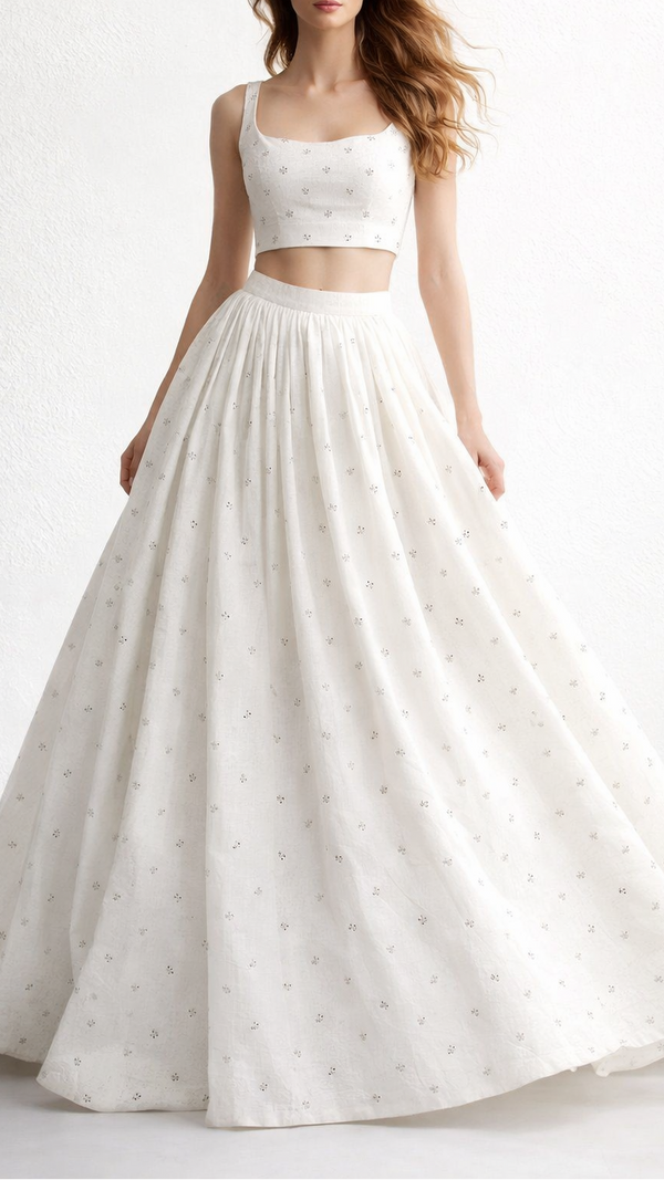 The Noor - White Dyeable Cotton Fabric With All Over Faux Mirror And Thread Work | 21516