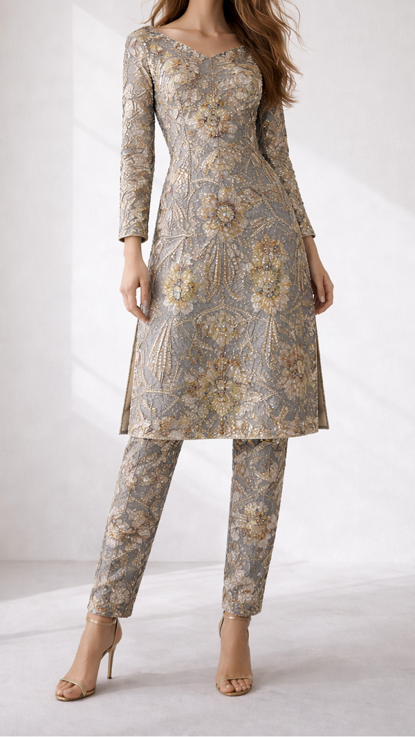 Grey Imported Net Fabric with Colorful Sequins, Beads, Kutdana 10988
