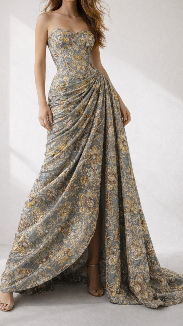 Grey Imported Net Fabric with Colorful Sequins, Beads, Kutdana 10988
