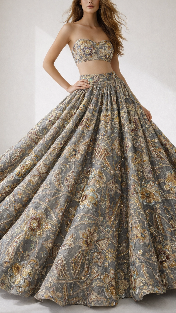 Grey Imported Net Fabric with Colorful Sequins, Beads, Kutdana 10988