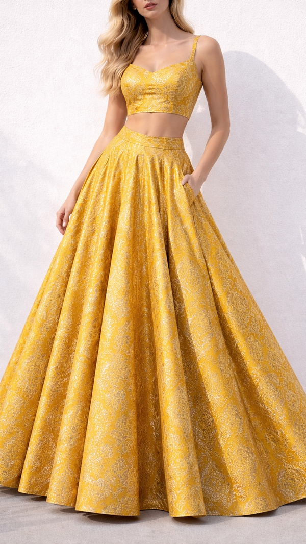 Yellow Banarasi Brocade Fabric With All Over Golden Zari Handloom 21864