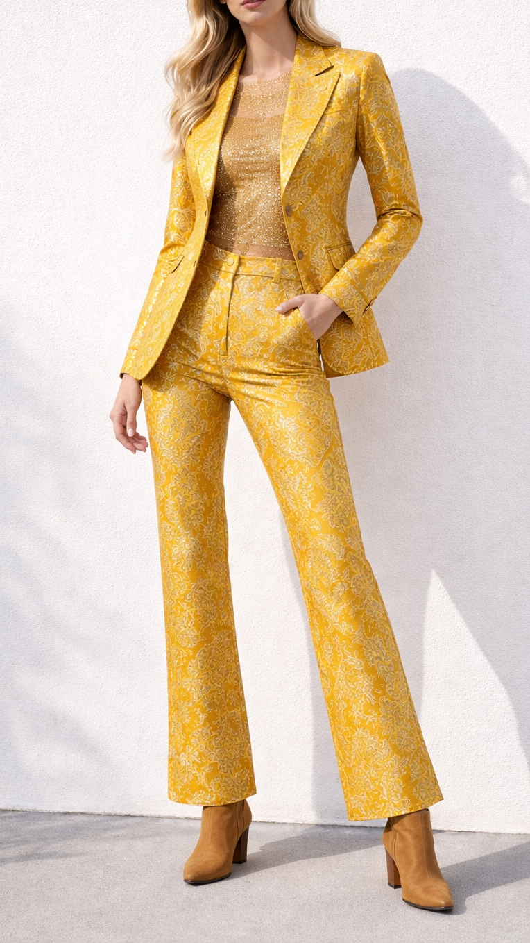 Yellow Banarasi Brocade Fabric With All Over Golden Zari Handloom 21864