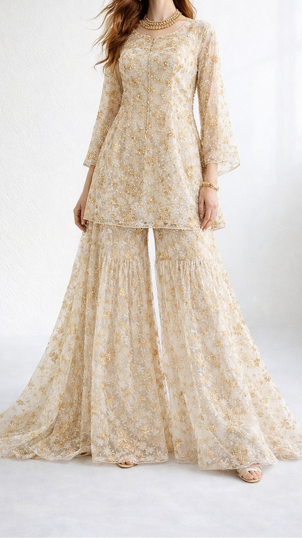 White Dyeable Net Fabric With All Over  Zari, Beads, Sequins And Katdana Work 22272