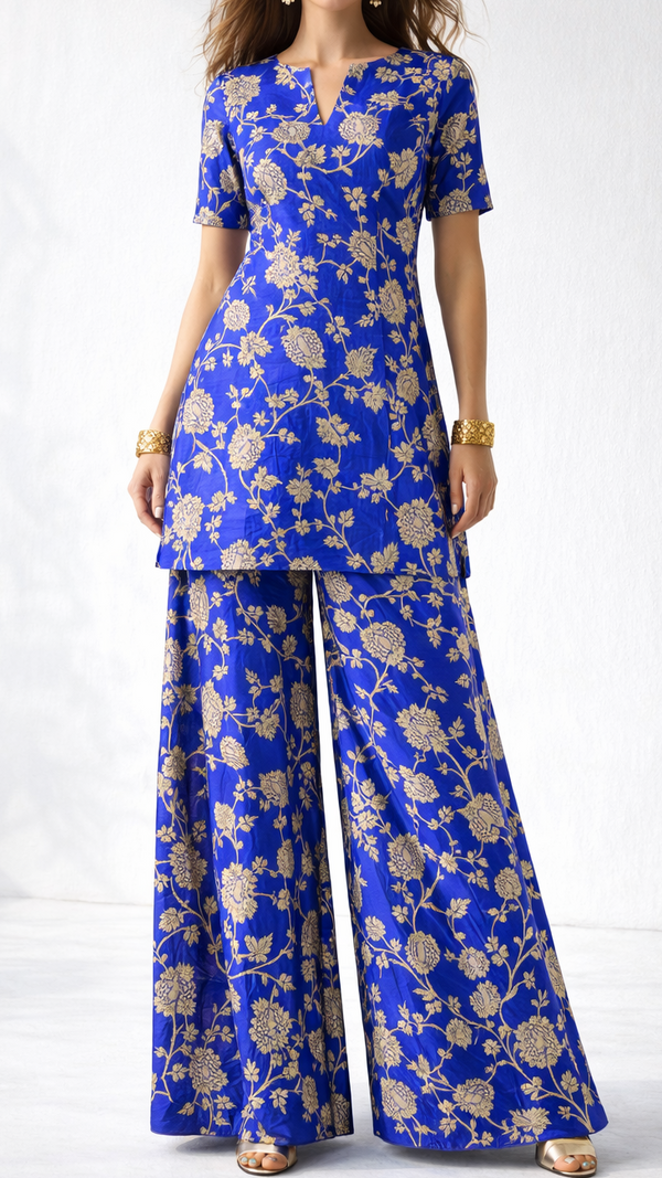 Royal Blue Banarasi Brocade Fabric With All Over Zari Handloom 22228