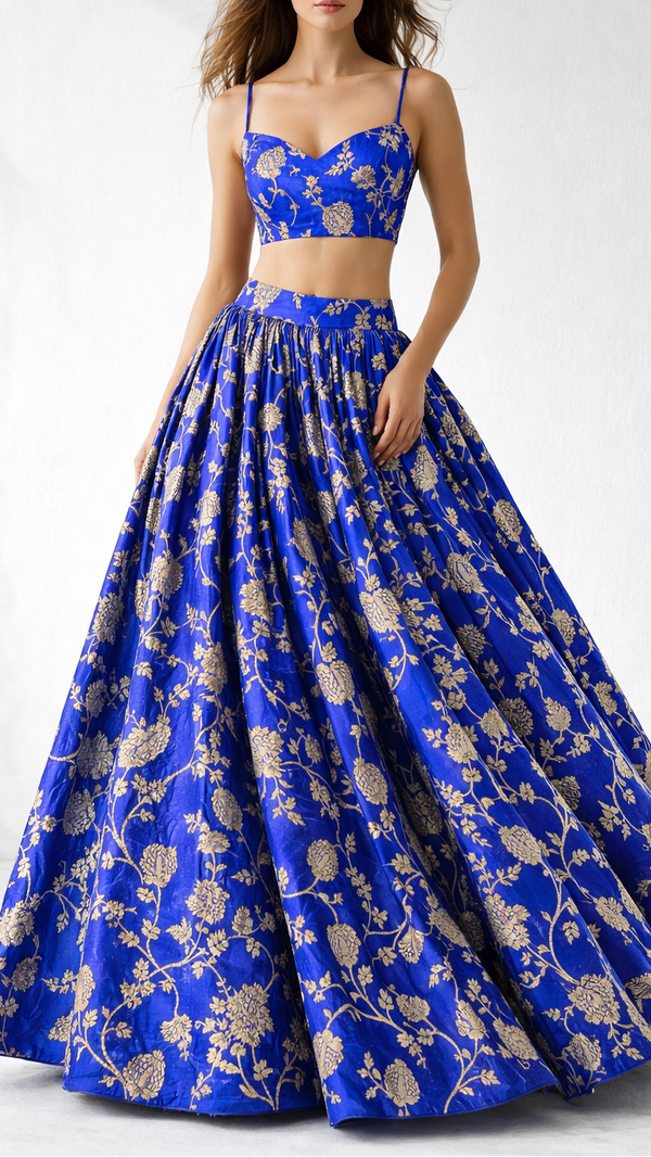 Royal Blue Banarasi Brocade Fabric With All Over Zari Handloom 22228