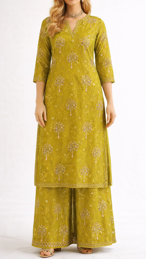 Mehendi Green Organza Fabric With All Over Thread, Sequins And Katdana Work 21724