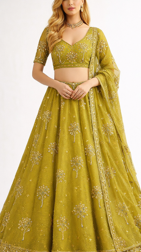 Mehendi Green Organza Fabric With All Over Thread, Sequins And Katdana Work 21724