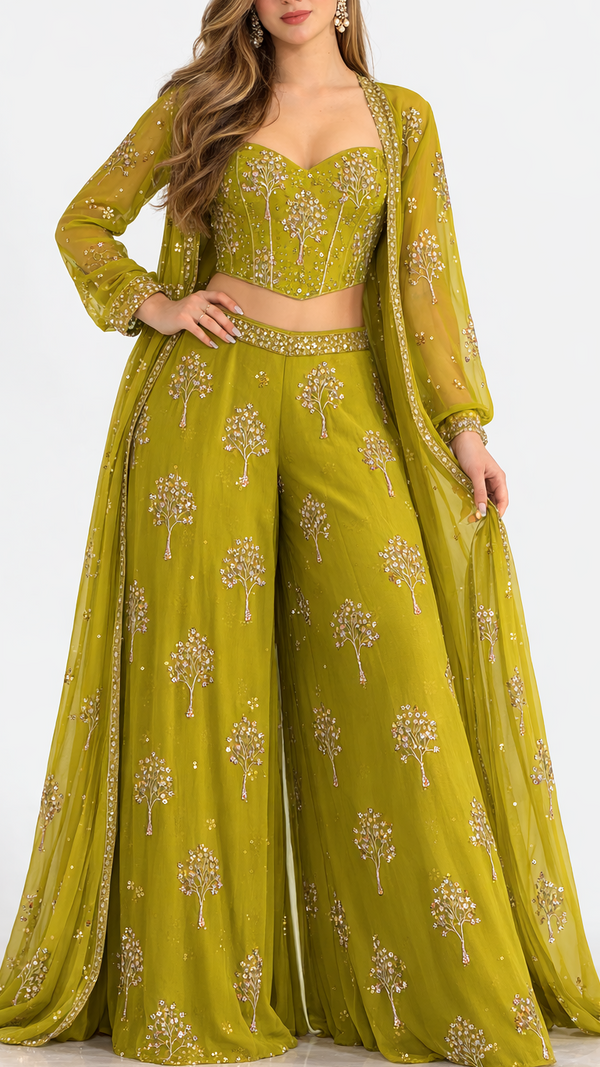 Mehendi Green Organza Fabric With All Over Thread, Sequins And Katdana Work 21724