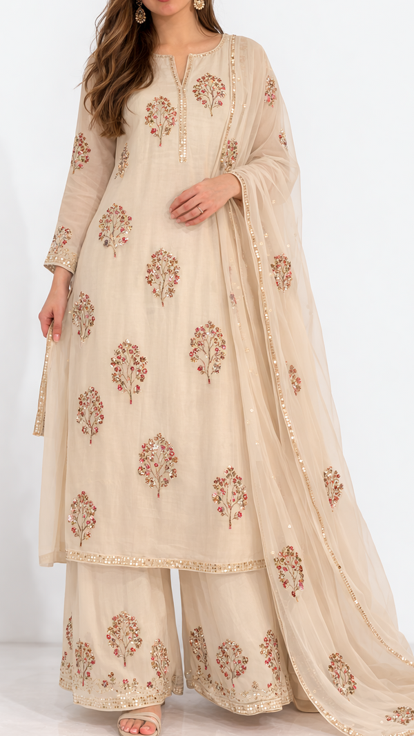 Light Cream Organza Fabric With All Over Thread, Sequins And Katdana Work 21723