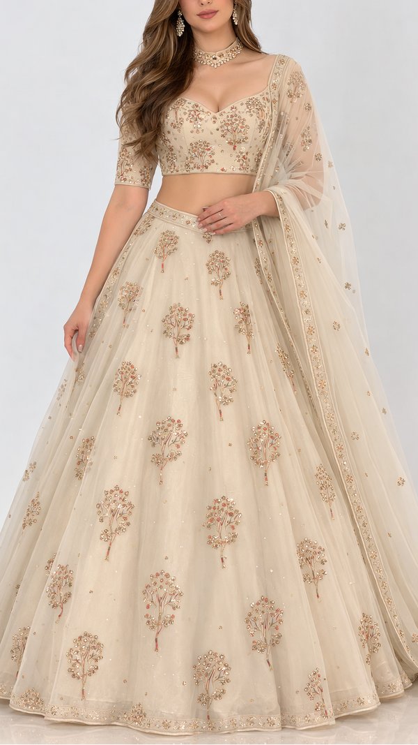 Light Cream Organza Fabric With All Over Thread, Sequins And Katdana Work 21723