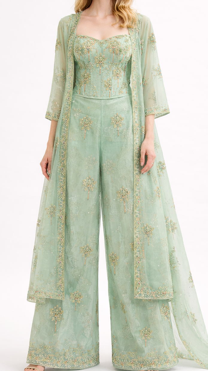 Mint Green Organza Fabric With All Over Thread, Sequins And Katdana Work 21722