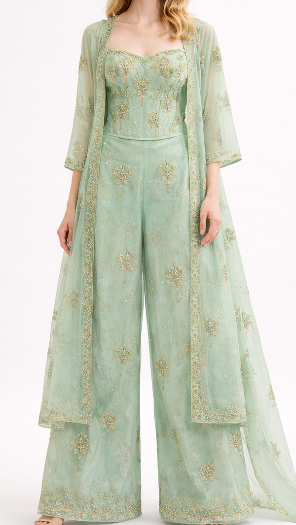 Mint Green Organza Fabric With All Over Thread, Sequins And Katdana Work 21722