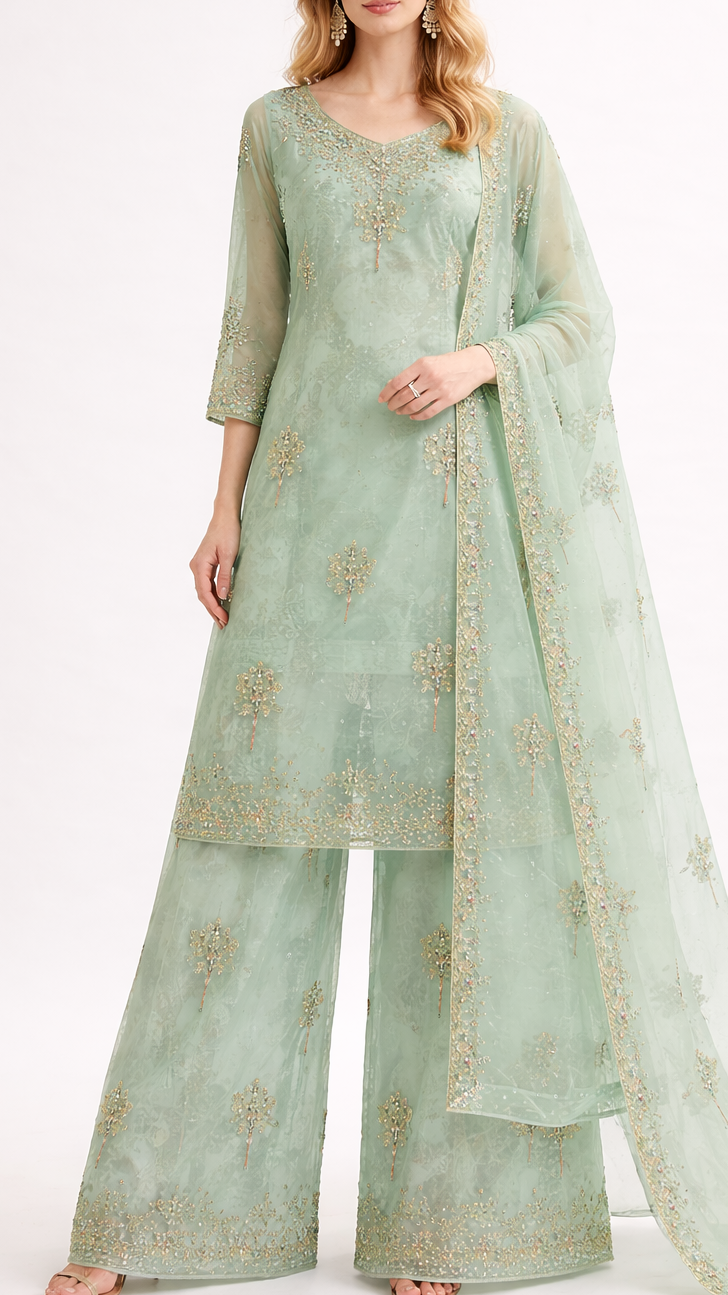 Mint Green Organza Fabric With All Over Thread, Sequins And Katdana Work 21722