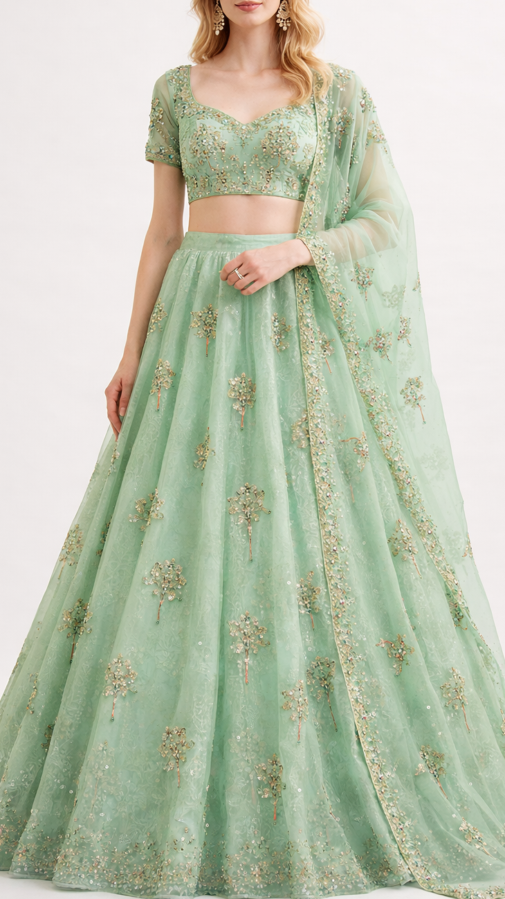 Mint Green Organza Fabric With All Over Thread, Sequins And Katdana Work 21722