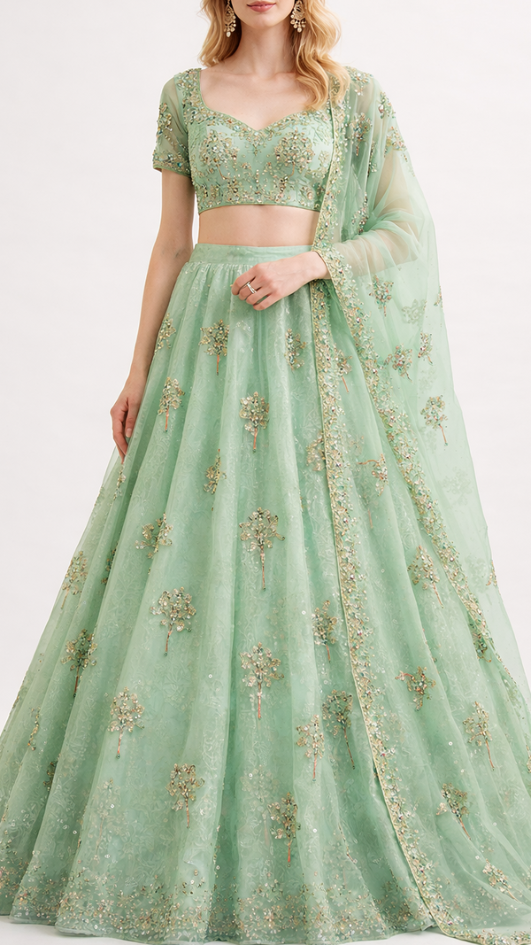 Mint Green Organza Fabric With All Over Thread, Sequins And Katdana Work 21722