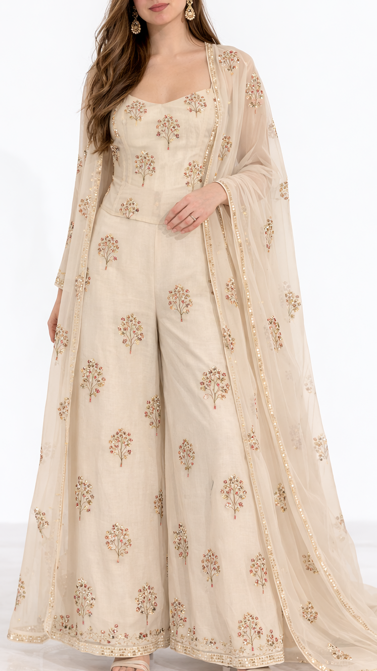 Light Cream Organza Fabric With All Over Thread, Sequins And Katdana Work 21723