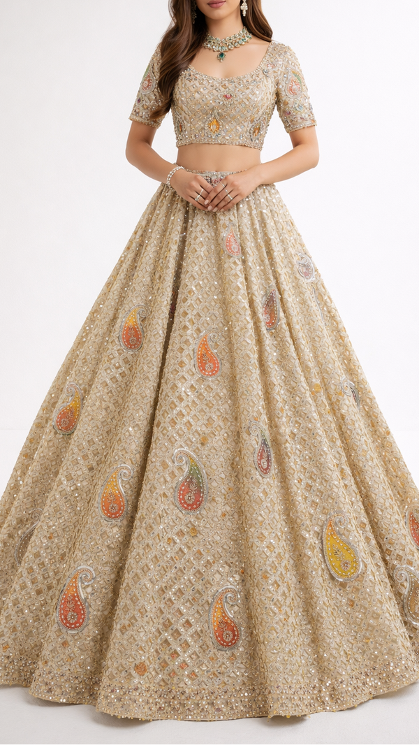 Golden Imported Tissue Fabric With All Over Sequins, Katdana, Bead, Patch And Cutwork 22476