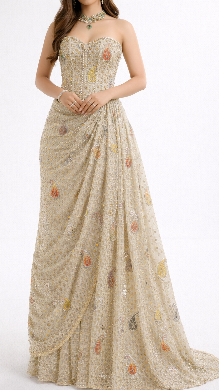 Golden Imported Tissue Fabric With All Over Sequins, Katdana, Bead, Patch And Cutwork 22476