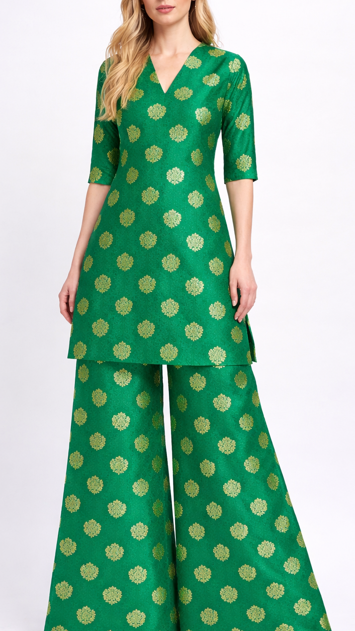 Green Banarasi Brocade Fabric With All Over Zari Handloom 22259