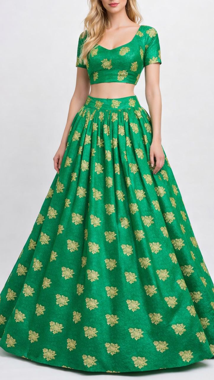 Green Banarasi Brocade Fabric With All Over Zari Handloom 22259