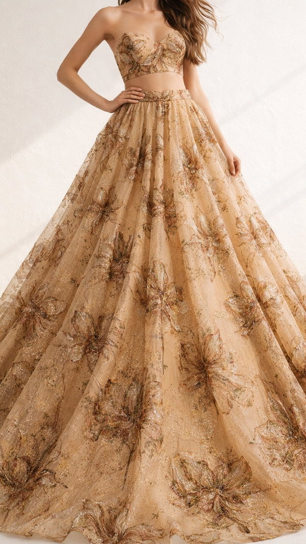 Golden Imported Net Fabric With All Over Floral Thread Work 21973