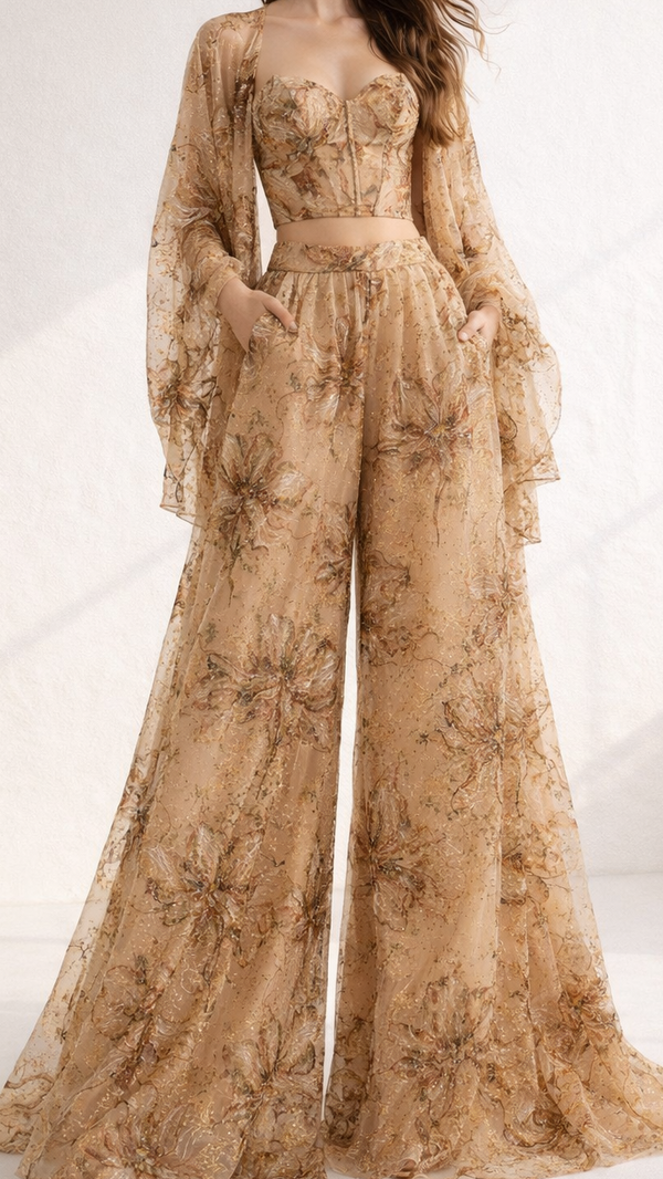 Golden Imported Net Fabric With All Over Floral Thread Work 21973