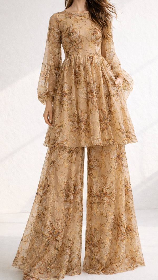 Golden Imported Net Fabric With All Over Floral Thread Work 21973