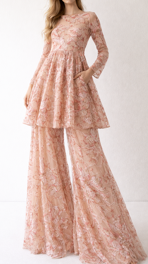 Peach Imported Net Fabric With All Over Floral Thread Work 21971