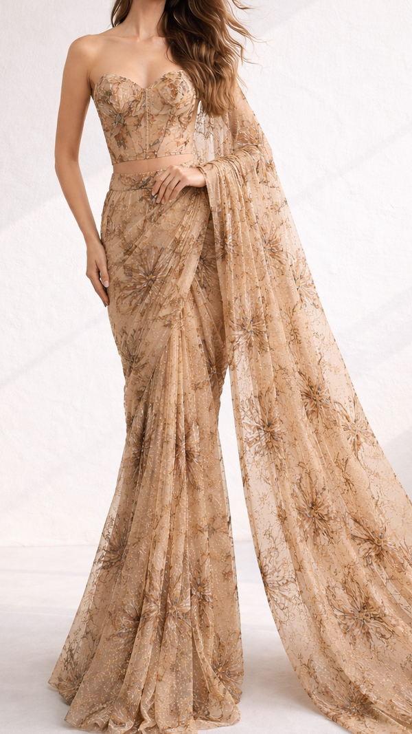 Golden Imported Net Fabric With All Over Floral Thread Work 21973