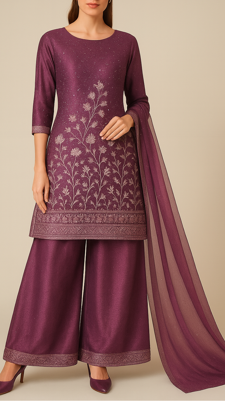 Purple Silk Tissue Fabric With All Over Swarovski Work With One Side Threadwork Border 16561