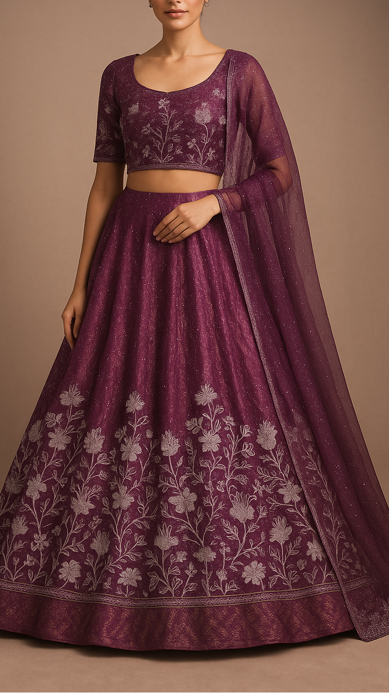 Purple Silk Tissue Fabric With All Over Swarovski Work With One Side Threadwork Border 16561