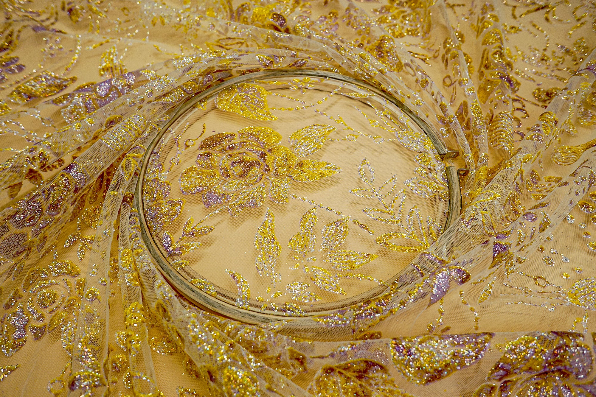 Yellow Net with Allover Floral Glitter Embellishments