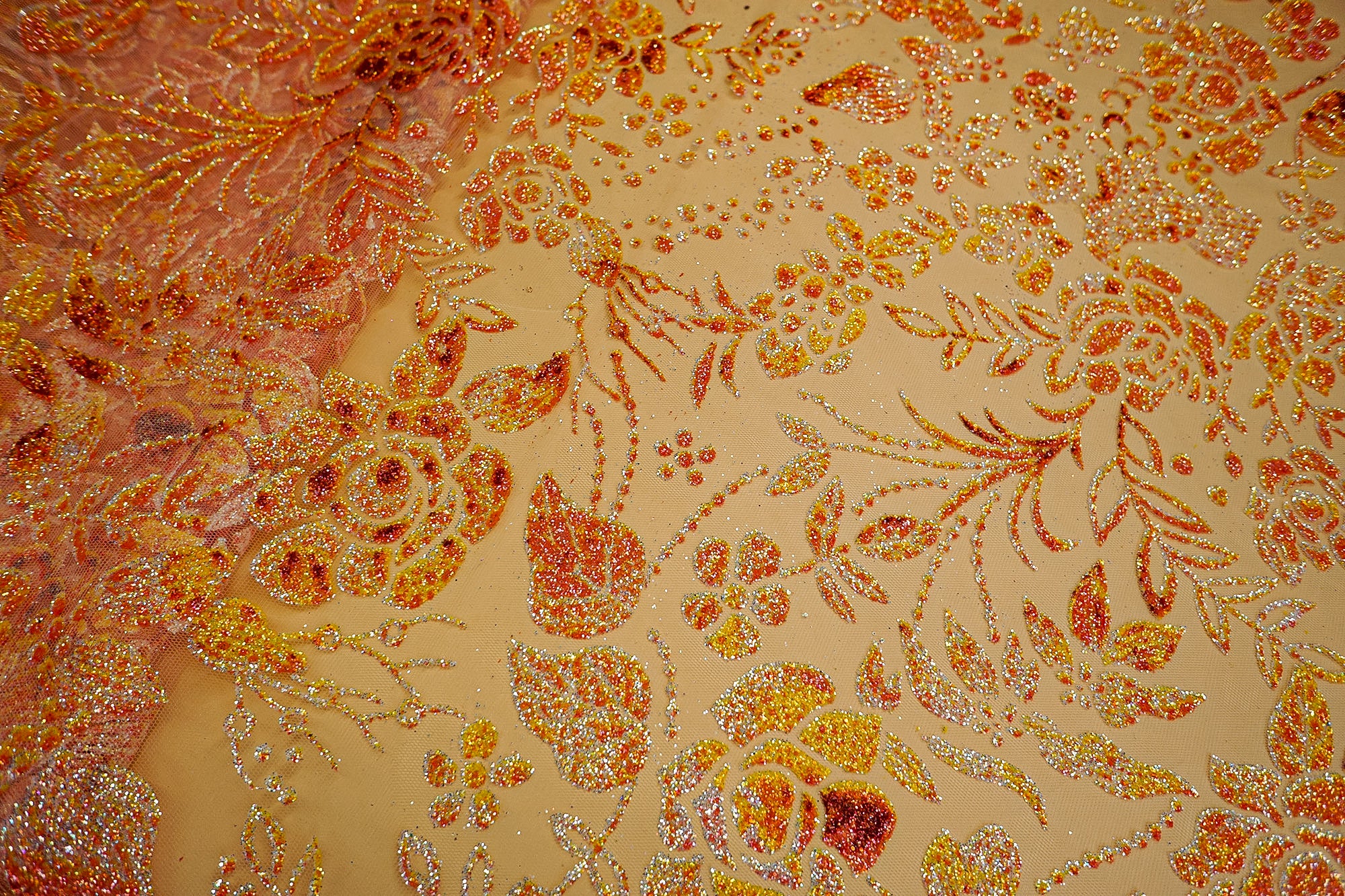 Peach Net with Allover Floral Glitter Embellishments