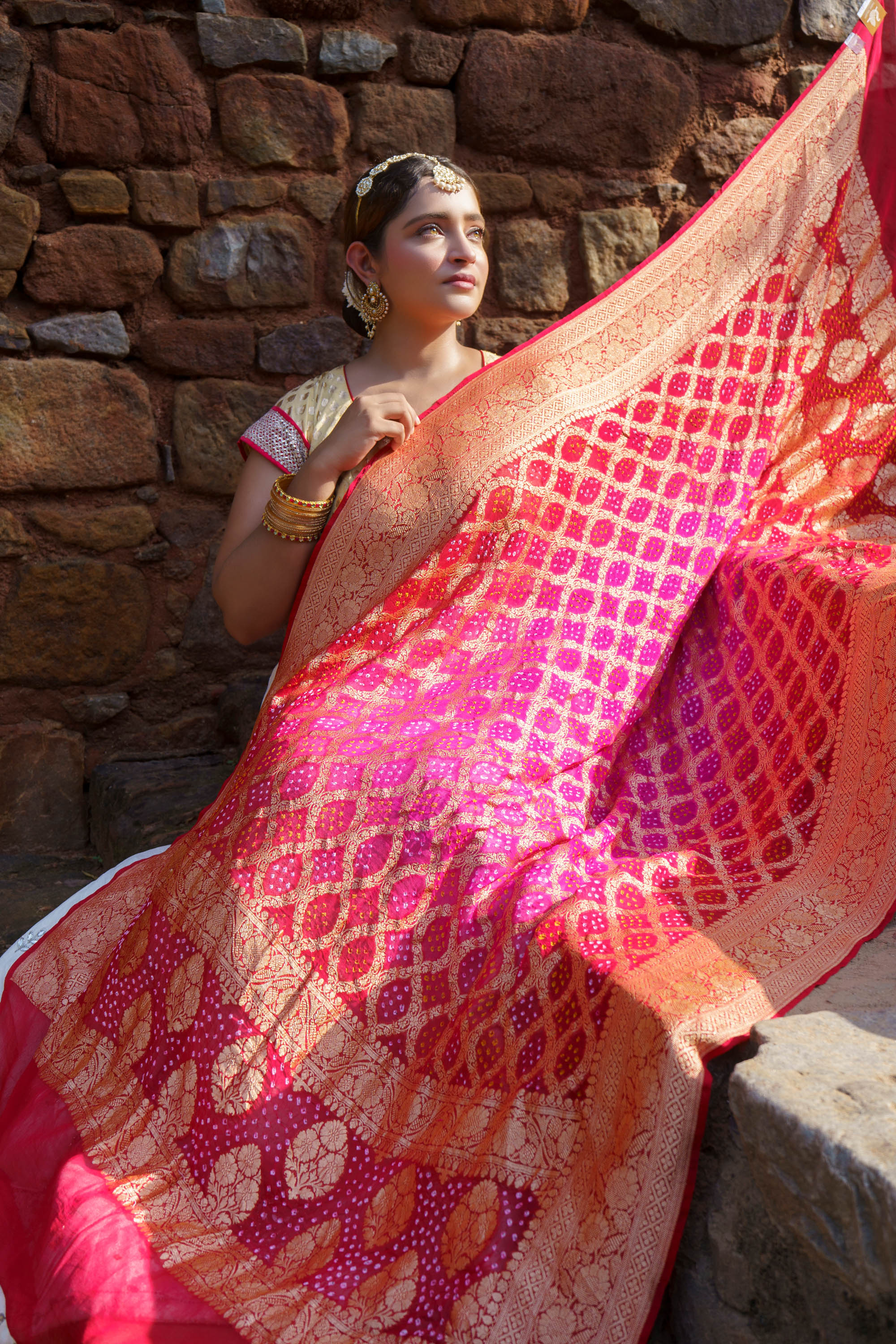 The Parampara -  Red And Pink Pure Georgette Bandhani Handloom Dupatta 18912