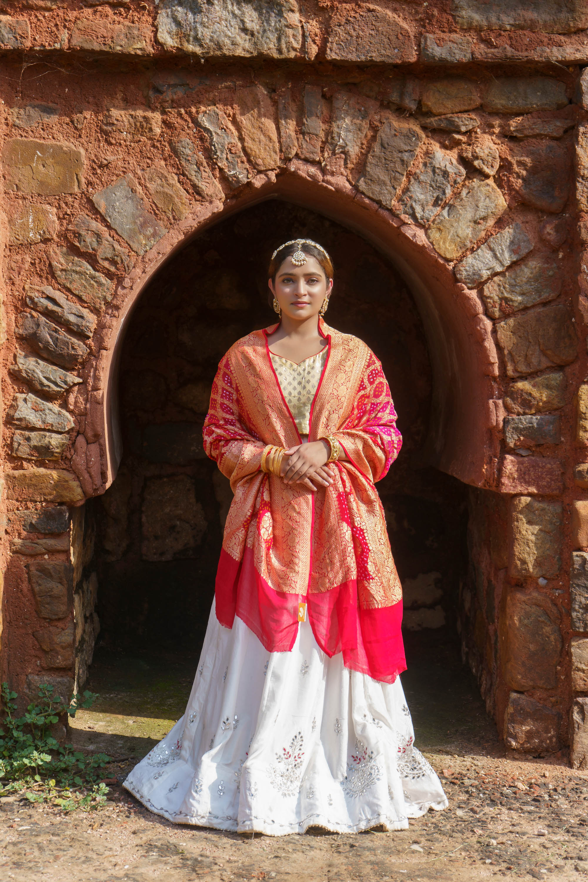 The Parampara -  Red And Pink Pure Georgette Bandhani Handloom Dupatta 18912