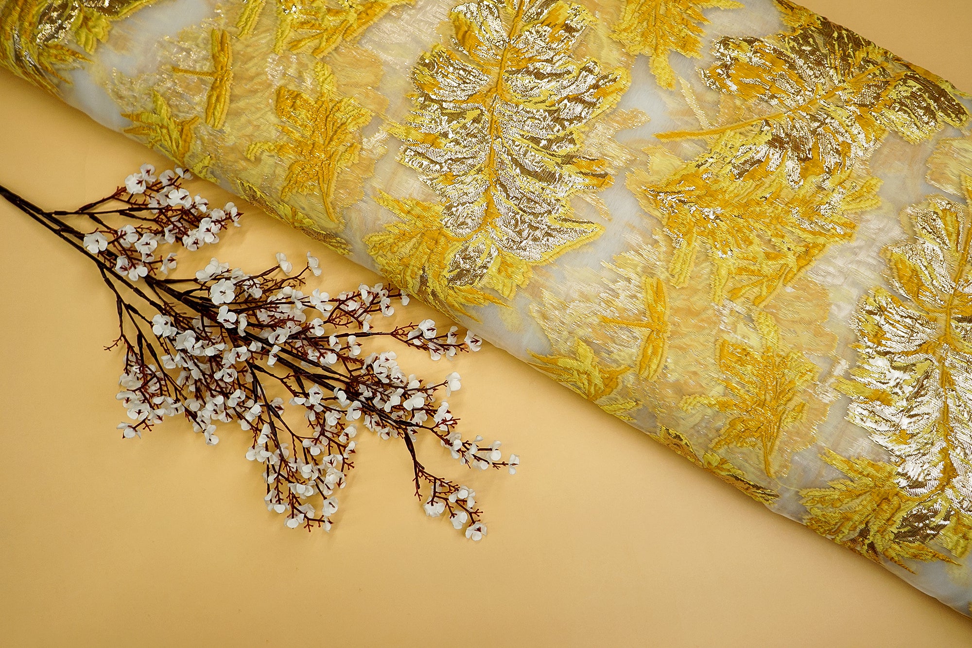 Yellow Nylon Organza Jacquard with Heavy Embossed Design