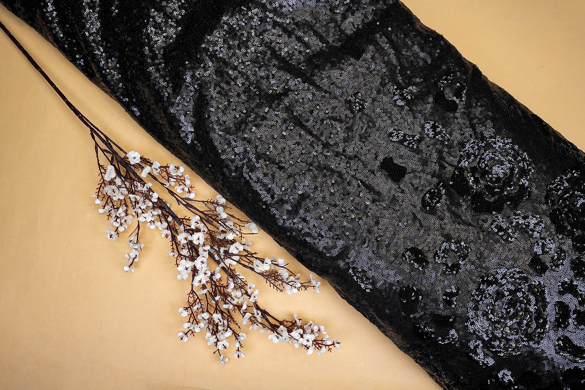 Black Net with Multicolor Thread, Sequins, and Bead Embellishments- Paras Gallery Fabrics