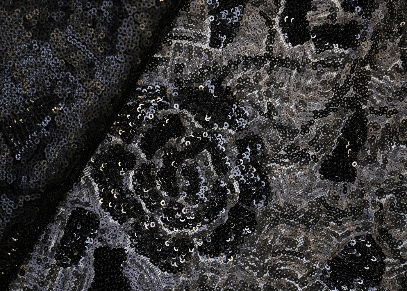 Black Net with Multicolor Thread, Sequins, and Bead Embellishments