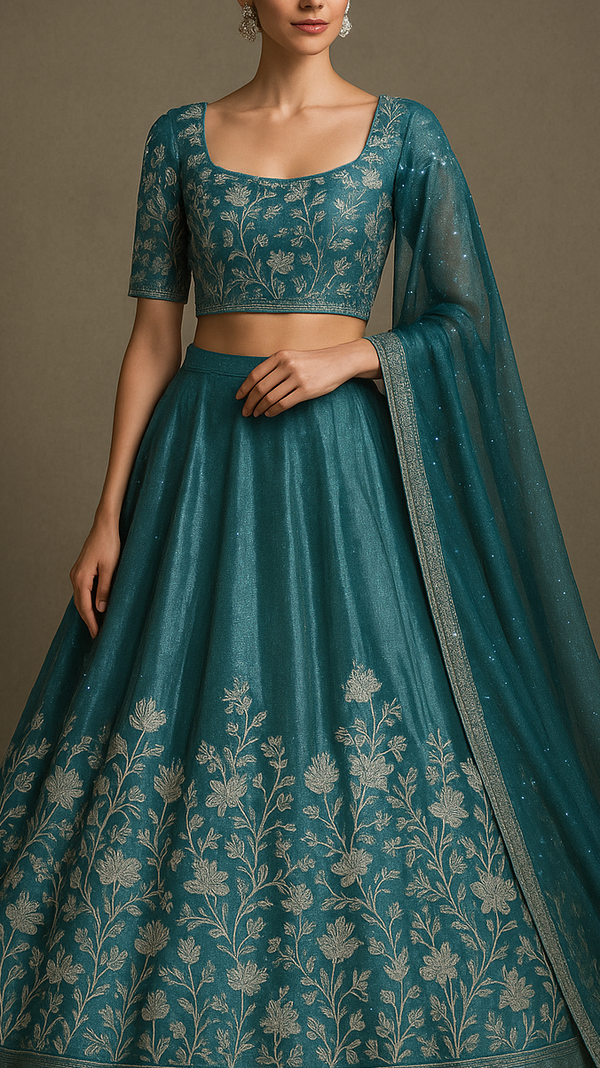 Teal Blue Silk Tissue Fabric With All Over Swarovski Work With One Side Threadwork Border 16562