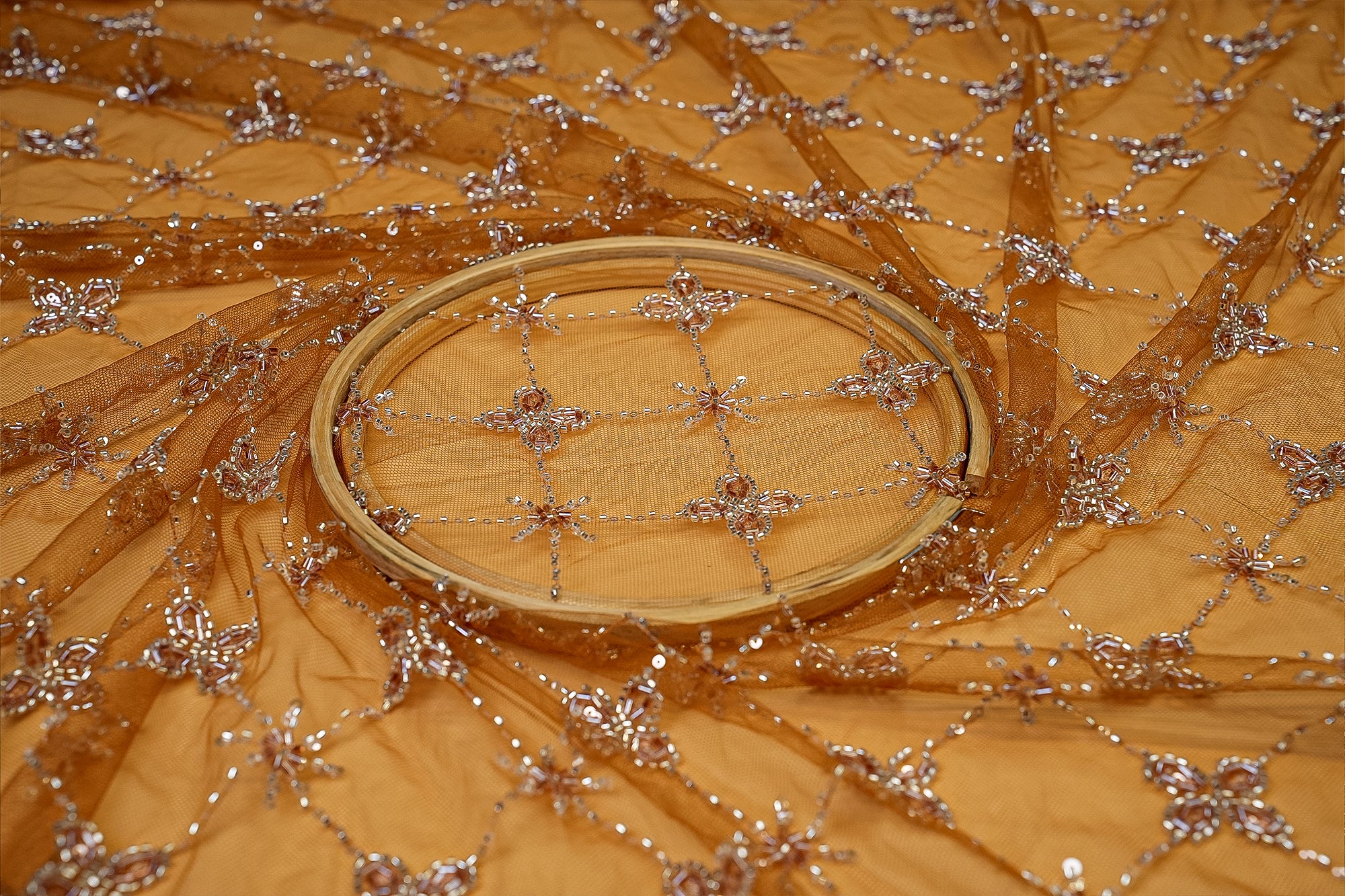 Golden Net with Floral Embroidery, Katdana, and Sequins Elegance