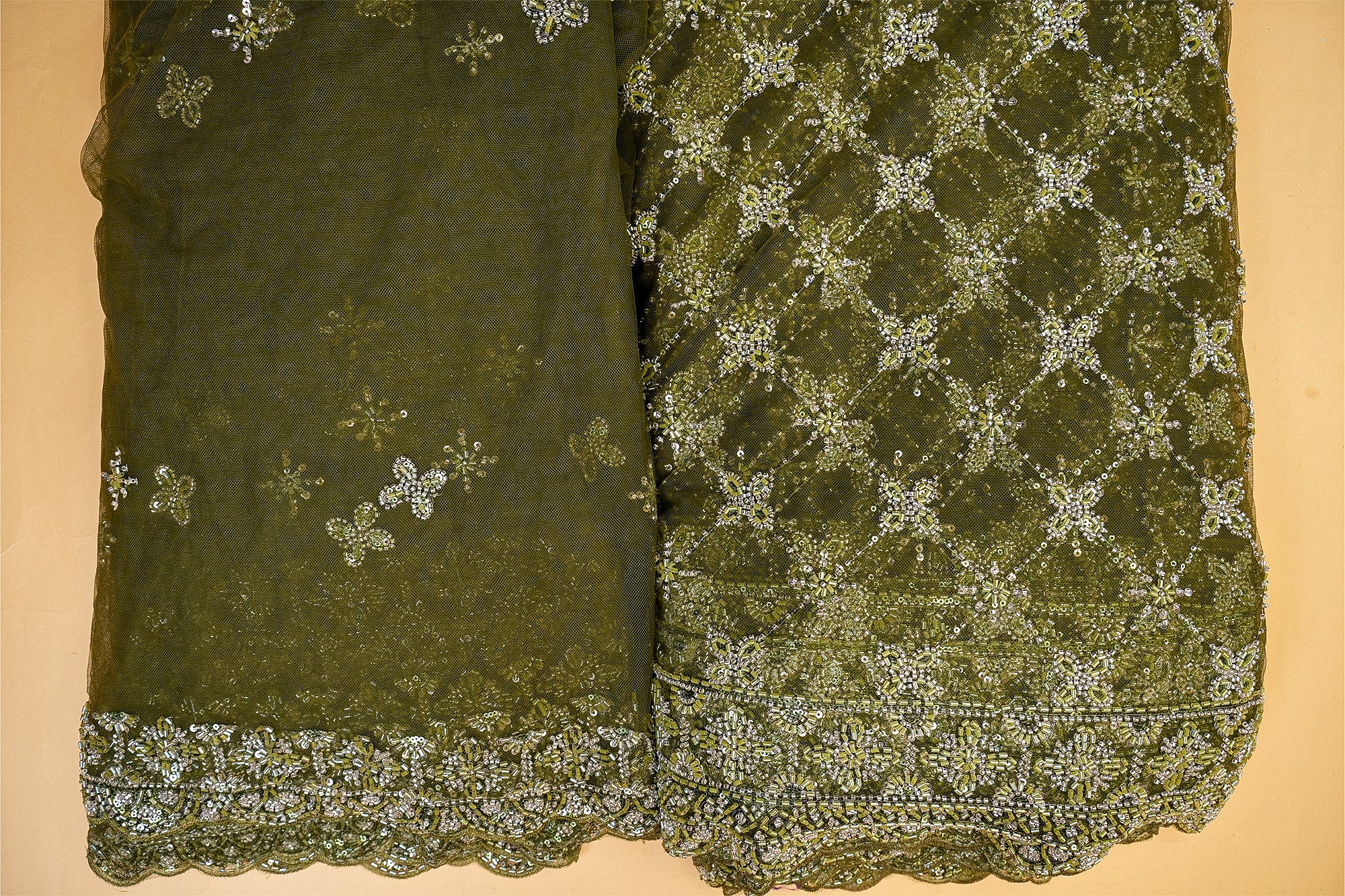 Mehendi Net with Floral Embroidery, Katdana, and Sequins Elegance