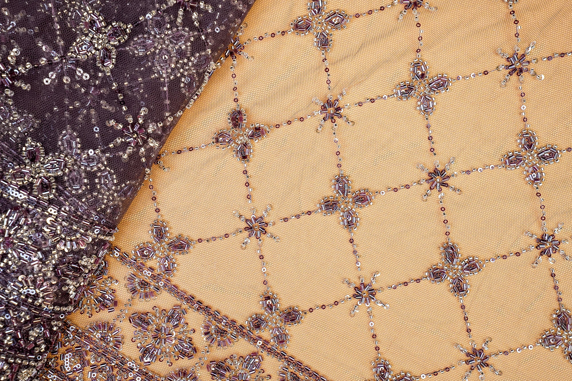 Purple Net with Floral Embroidery, Katdana, and Sequins Elegance