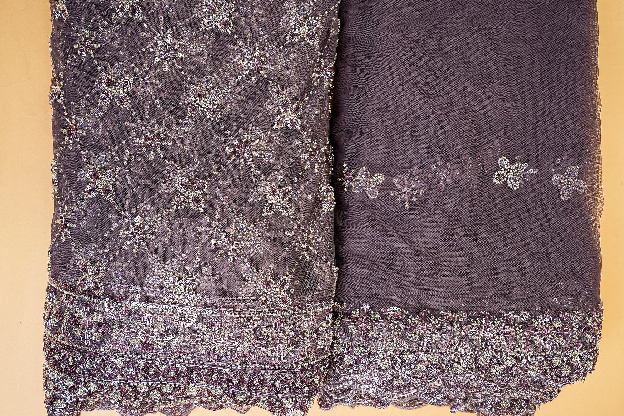 Purple Net with Floral Embroidery, Katdana, and Sequins Elegance