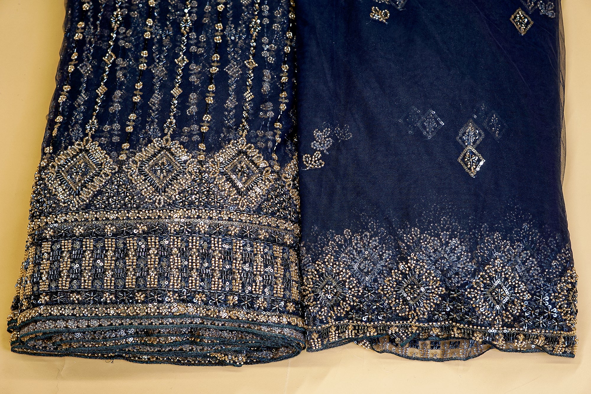 Navy Blue Net with Floral Embroidery, Katdana, and Sequins Elegance