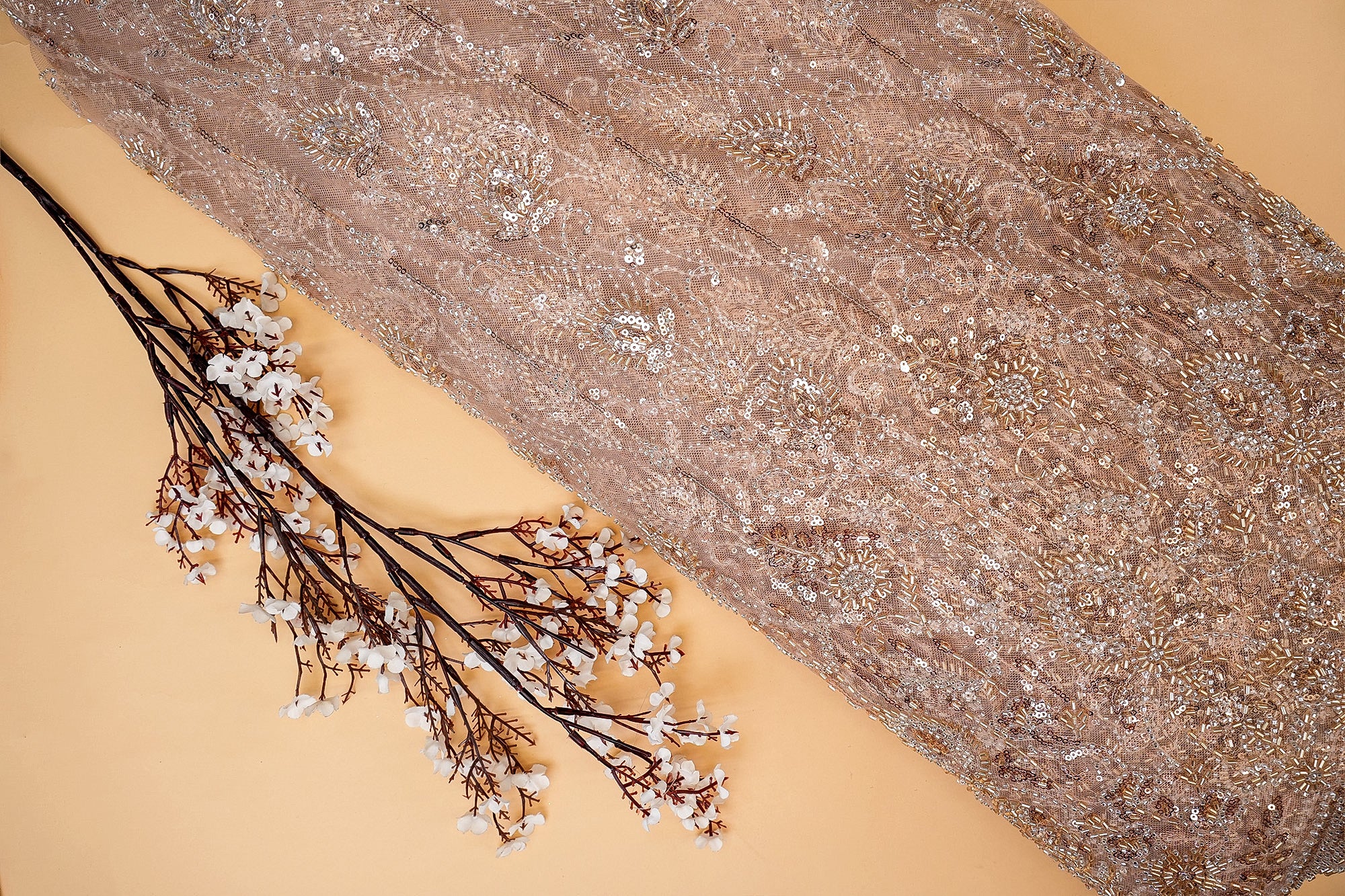 Golden Net with Floral Embroidery, Katdana, and Sequins Elegance