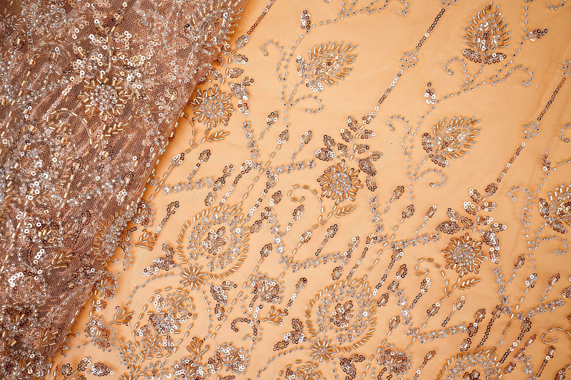 Golden Net with Floral Embroidery, Katdana, and Sequins Elegance