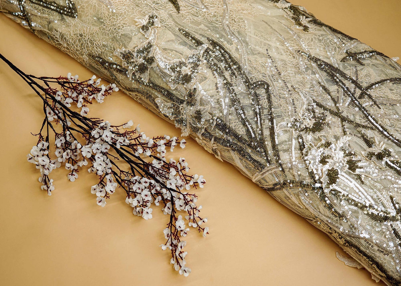 Off-White Hand-Work Floral Net with Sequins and Threadwork allover - Paras Gallery Fabrics