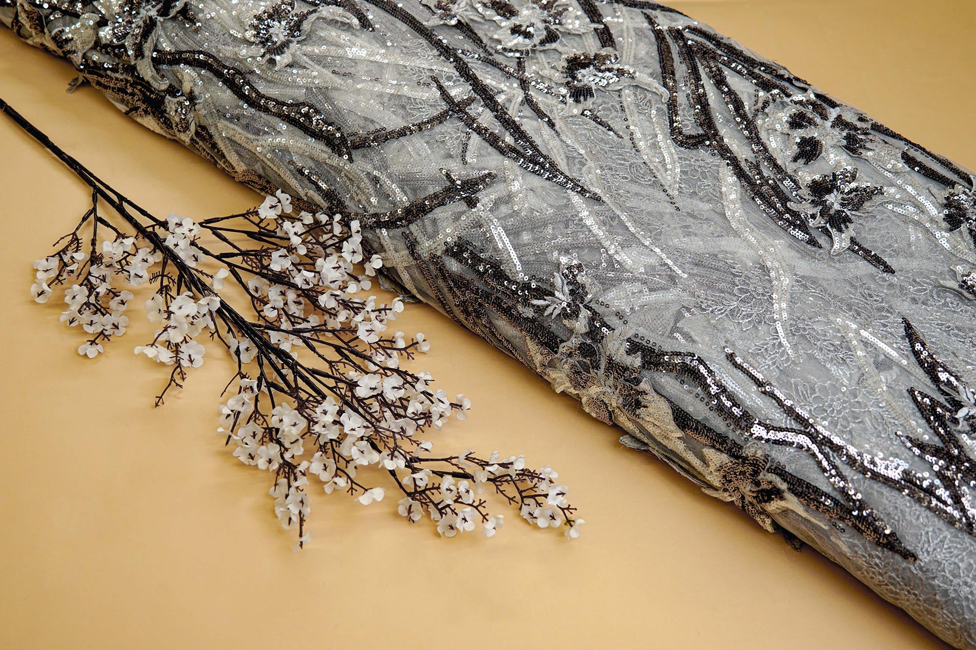 Dark Grey Hand-Work Floral Net with Sequins and Threadwork allover - Paras Gallery Fabrics