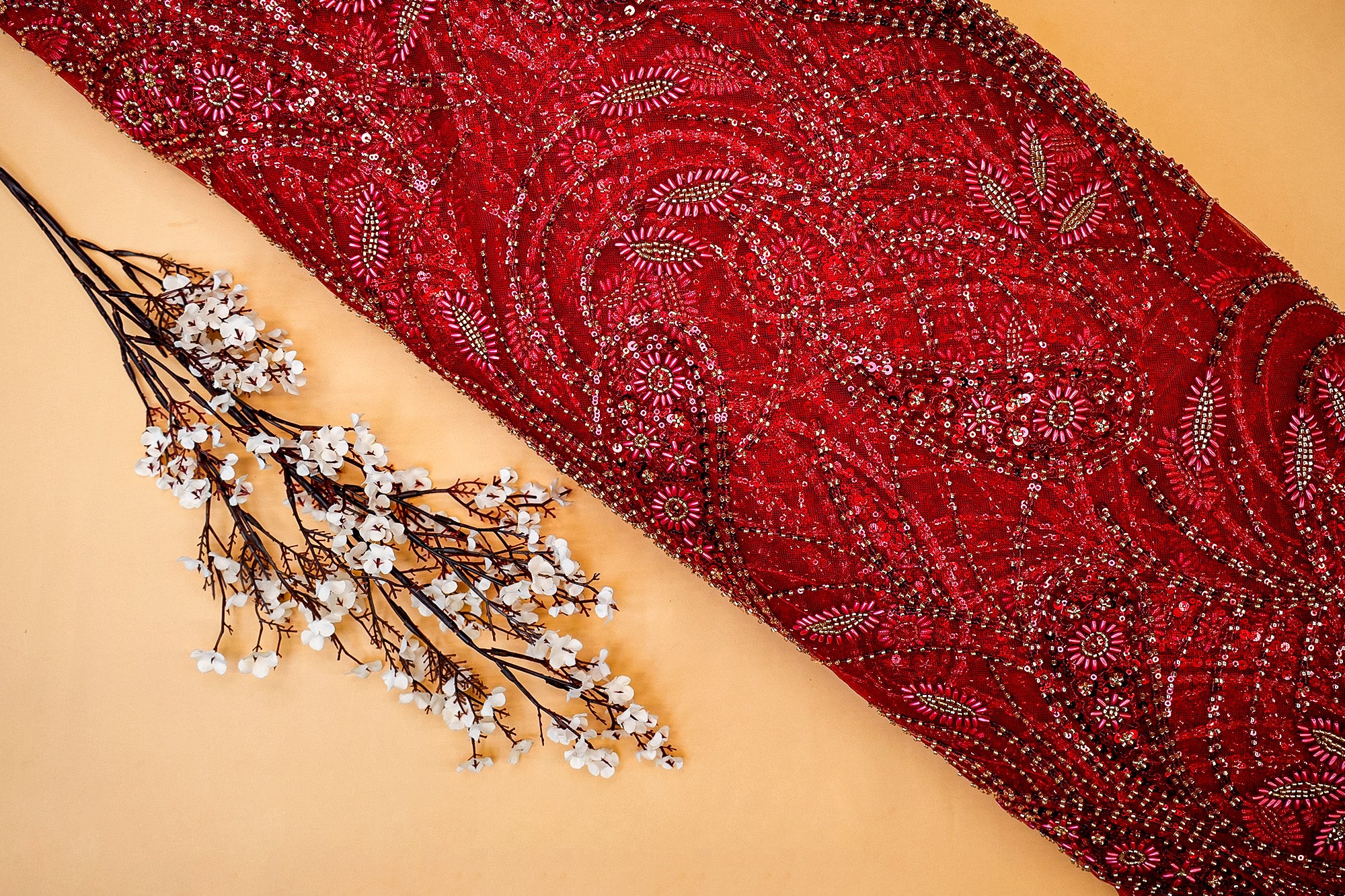 Red Net with Allover Floral Sequins and Beadwork Elegance- Paras Gallery Fabrics
